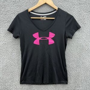 Under Armour Logo Size XS Loose‎ Black V Neck Active Short Sleeve Womens Gym Top